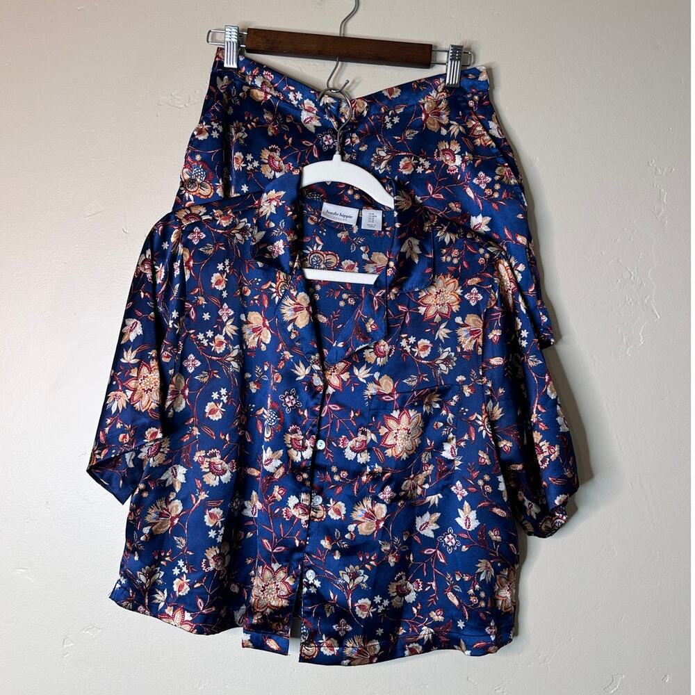 Haute Hippie Navy Blue Satin PJ SET Floral Paisley Print MEDIUM